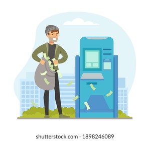 Male Burglars Stealing Money from ATM, Thief Committing Robbery, Lawless Financial Criminal Scene Flat Vector Illustration