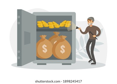 Male Burglars Stealing Money from Safe, Thief Committing Robbery, Lawless Financial Criminal Scene Flat Vector Illustration