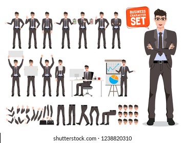 Male busines character vecor set. Cartoon character creation of business man standing and talking for business presentation wearing office attire with different pose. Vector illustration.
