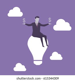 Male business character sitting on a bulb lamp while holding a dollar sign