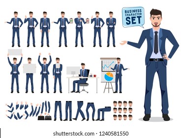 Male business character vector set. Business man catoon character creation with different pose for office presentation isolated in white. Vector illustration.
