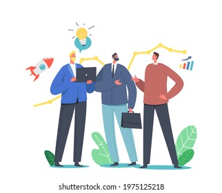 Male Business Characters Communicate Trying to Predict Stock Economic for Making Financial Benefit Growth. Prediction of Market Trends, Business Forecast Concept. Cartoon People Vector Illustration