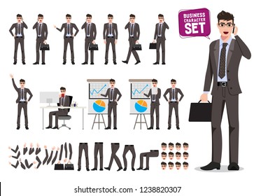 Male business characters vector set. Cartoon character creation of business man holding moblie phone and briefcase talking for presentation. Vector illustration.
