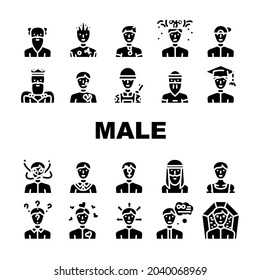 Male Business And Expression Icons Set Vector. Madness And Lovely Male, Choice Of Direction And Brain Explosion Man, Childhood, Old Aged Pensioner And Death Guy Glyph Pictograms Black Illustrations