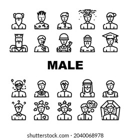 Male Business And Expression Icons Set Vector. Madness And Lovely Male, Choice Of Direction And Brain Explosion Man, Childhood, Old Aged Pensioner And Death Guy Contour Illustrations