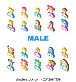 Male Business And Expression Icons Set Vector. Madness And Lovely Male, Choice Of Direction And Brain Explosion Man, Childhood, Old Aged Pensioner And Death Guy Isometric Sign Color Illustrations