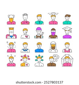 Male Business And Expression Icons Set Vector. Madness And Lovely Male, Choice Of Direction And Brain Explosion Man, Childhood, Old Aged Pensioner And Death Guy Contour Illustrations