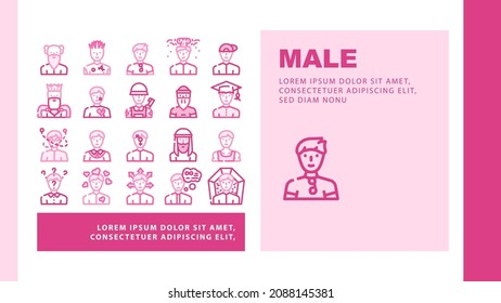 Male Business And Expression Landing Web Page Header Banner Template Vector Madness And Lovely Male, Choice Of Direction And Brain Explosion Man, Childhood, Old Aged Pensioner And Death Illustration