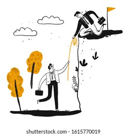 A male business man is helping a man to climb a steep cliff with a long rope, Vector illustration in sketch doodle style.