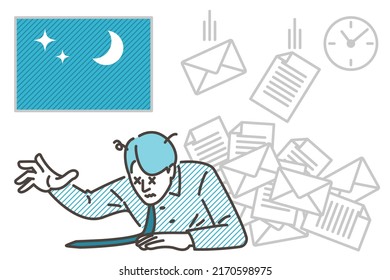 Male business person who works late at night due to overwork [Vector illustration material]