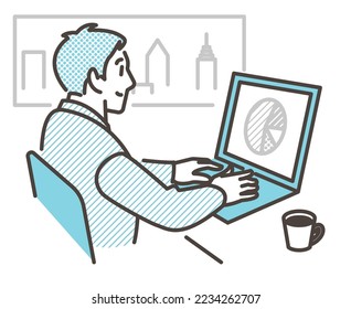 Male business person working on computer in office [Vector illustration].