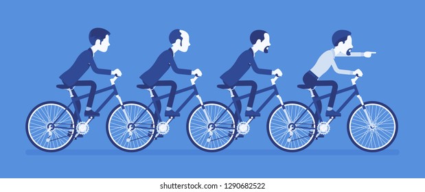 Male business tandem. Successful businessmen team riding together a bicycle in cooperation, agreement. Synchronization and professional togetherness metaphor. Vector illustration, faceless characters