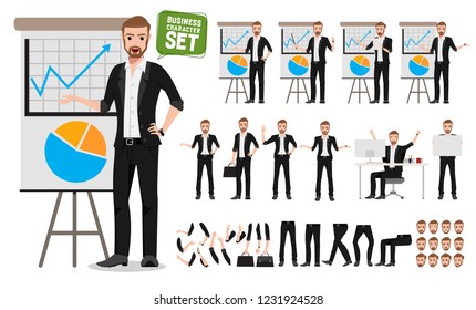 Male business vector character set. Business man cartoon character creation talking  business presentation with different poses and hand gestures isolated in white. Vector illustration.

