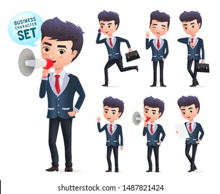 Male business vector character set. Business man office employee characters standing and holding megaphone while announcing with different pose isolated in white background. Vector Illustration.