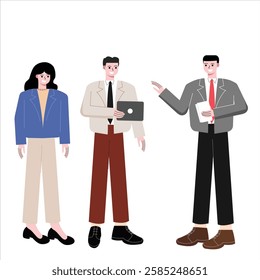 Male business workers having discussion. Office workers team discussion. Boss giving suggestion, idea, brainstorming to employees. Flat design vector illustration isolated on white background