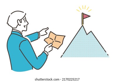 Male businessman aiming at goal. He is checking his current location [Vector illustration].