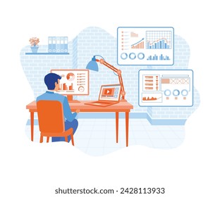 Hombre de negocios analizando datos en la pantalla de una computadora. Hombre trabajando en una oficina moderna. Concepto de análisis de negocio. Ilustración vectorial plana.