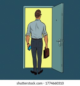 Male businessman with briefcase and phone on the threshold of a new solution. Pop art retro vector illustration kitsch vintage 50s 60s style