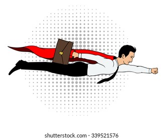 Male Businessman with a briefcase superhero flying in red cloak. Vector illustration in retro pop art style