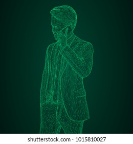 Male businessman in a business suit standing and talking on the phone, slightly tilting her head. Illustration of three-dimensional polygons-triangles are depicted with glowing green lines on a black