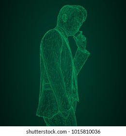 Male businessman in a business suit standing and talking on the phone, slightly tilting her head. Illustration of three-dimensional polygons-triangles are depicted with glowing green lines on a black