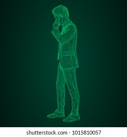 Male businessman in a business suit standing and talking on the phone, slightly tilting her head. Illustration of three-dimensional polygons-triangles are depicted with glowing green lines on a black