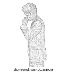 Male businessman in a business suit standing and talking on the phone, slightly tilting her head. Illustration of three-dimensional polygons-triangles are depicted with black lines on a white