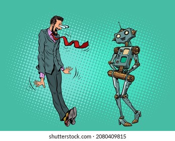 male businessman in a cartoon shock pose, looking at a female robot