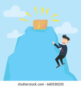 male businessman climb the cliffs to get treasure box cartoon vector illustration