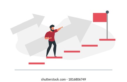 Male businessman climbs the stairs to take the flag. Business concept in process vector illustration