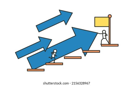 Male businessman climbs the stairs to take the flag. Business concept in process vector illustration