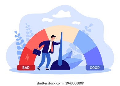 Male businessman with credit score scale. Young man changing personal financial account information from poor to good. Financial growth, career. Business reputation flat vector colorful illustration