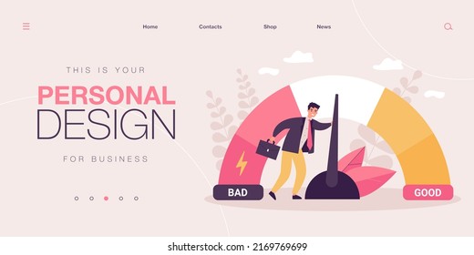 Male businessman with credit score scale. Young man changing personal financial account information from poor to good. Financial growth, career. Business reputation flat vector colorful illustration