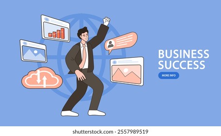 Male businessman dealing with business around the world use technology result optimization, Business Analysis. marketing analytics. targeting and monitoring. Social Media Networking. Vector .