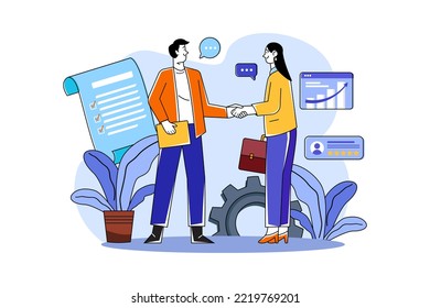 Male businessman exchanging work with customers at