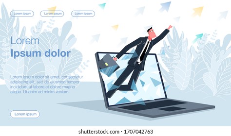 A male businessman is flying out of a laptop screen  in the background and a case in his hands. A vector illustration that depicts success and making money online on the Internet