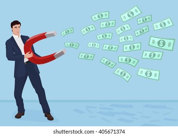 Male businessman getting money with a large magnet concept.