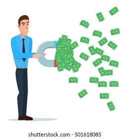 Male businessman getting money with a large magnet concept. Vector illustration isolated on white background in flat style.