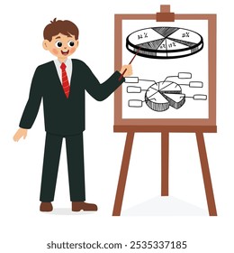 Male businessman giving flat character presentation. man presenting project cartoon illustration. Office worker near whiteboard with graph diagram. Business mentor, seminar trainer, annual report