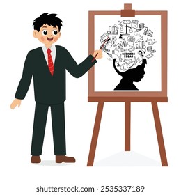 Male businessman giving flat character presentation. man presenting project cartoon illustration. Office worker near whiteboard with graph diagram. Business mentor, seminar trainer, annual report