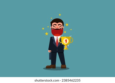 A male businessman is having a lot of joy after receiving a trophy for his achievement in business. The concept of success or achieving business goals. Winner's prize. Vector illustration