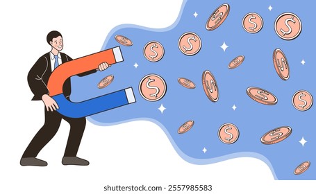 Male businessman holds a big magnet to attract money in the air. Money falling in the rain. Success for business online. Concept of earning business online, e-commerce . Vector and illustration.