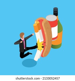 Male businessman kicks out the bad habit isometric 3d vector concept for banner, website, illustration, landing page, flyer, etc.