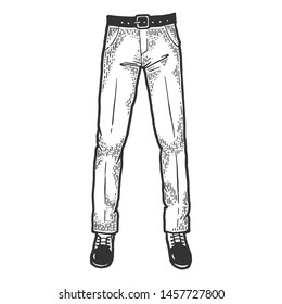Male businessman legs in business suit trousers and shoes sketch engraving vector illustration. Scratch board style imitation. Black and white hand drawn image.