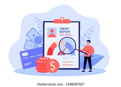 Male businessman with money and credit report. Bank finance document and money concept.Flat vector colorful illustration of bank account report, credit score for presentation or web page