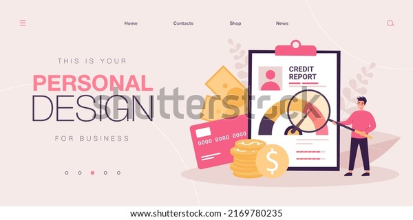 Male\
businessman with money and credit report. Bank finance document and\
money concept.Flat vector colorful illustration of bank account\
report, credit score for presentation or web\
page