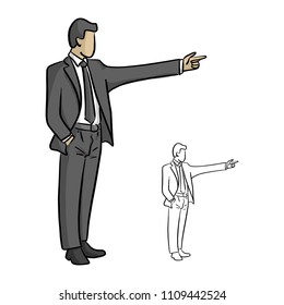 male businessman pointing to the blank space vector illustration sketch doodle hand drawn with black lines isolated on white background