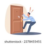 Male businessman pulls handle of closed door with force. Business problems and obstacles, failed career opportunity. Unhappy angry employee. Cartoon flat style isolated vector concept