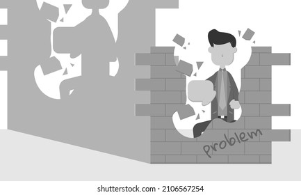 A male businessman is punching a wall that says problem until the wall shatters. Problem solving illustration