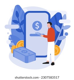A male businessman puts money on a huge smartphone screen with gold coin percentages. Mobile savings account, online deposit. Isolated illustration in flat style. vector illustration.